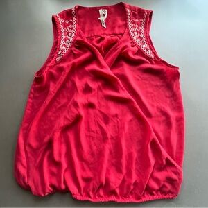 Bellatrix Coral Red Sleeveless Fauz-Wrap Top with Embroidered Detailing